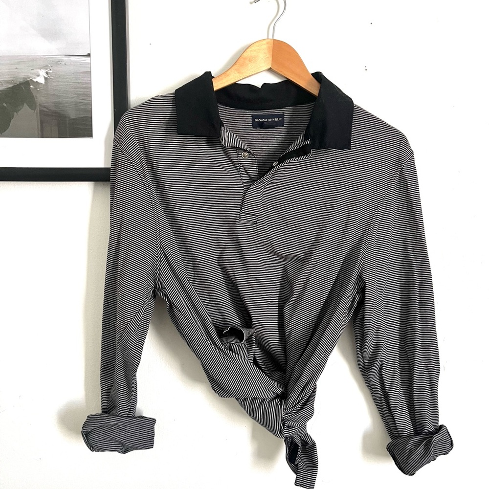 Banana Republic Borrowed from the guys Black& Grey Thin-Stripe Long-Sleeve Polo
